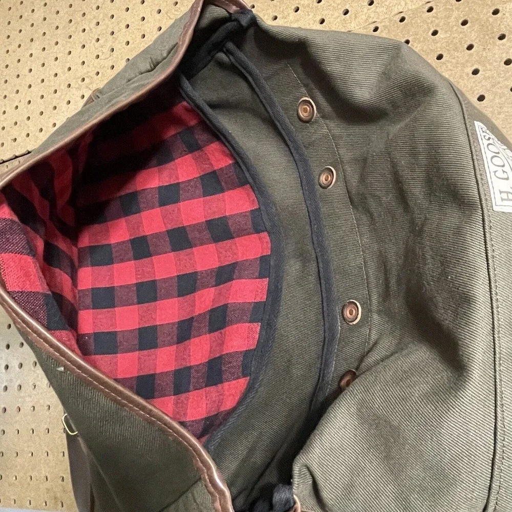 H.GOOSE Field Collection Canvas Leather Buffalo Plaid Lined Messenger Bag